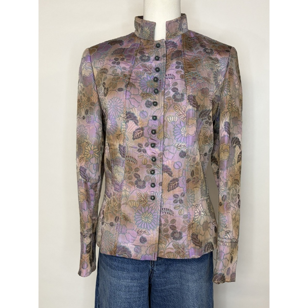 Tesori Floral Brocade Blazer Jacket Lavender Gold Mandarin Collar Size Small - Picture 3 of 11